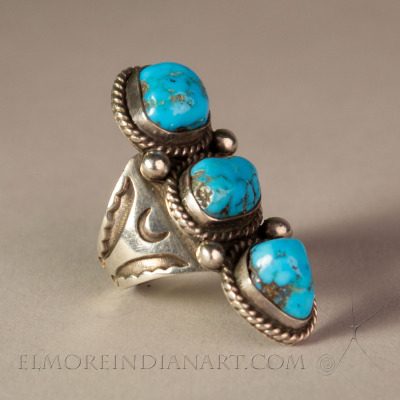Navajo Three Stone Turquoise Ring, signed, c. 1970