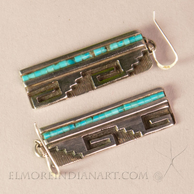 Hopi Turquoise Earrings w/ Fret Spirals, signed, 1970’s