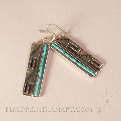 Hopi Turquoise Earrings w/ Fret Spirals, signed, 1970’s