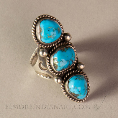 Navajo Three Stone Turquoise Ring, signed, c. 1970