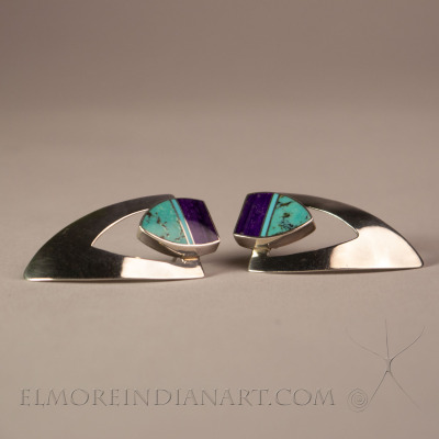Silver Turquoise and Sugilite Shield Earrings by Ray Tracey w/ Provenance