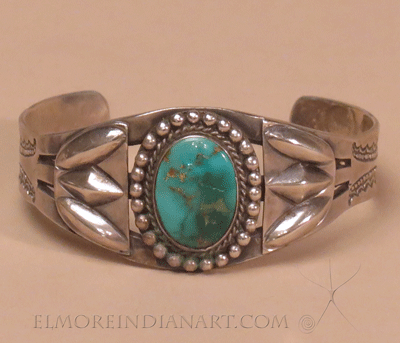 Navajo Silver Bracelet with Single Blue Gem Turquoise Stone, c.1940