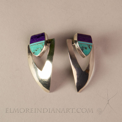 Silver Turquoise and Sugilite Shield Earrings by Ray Tracey w/ Provenance